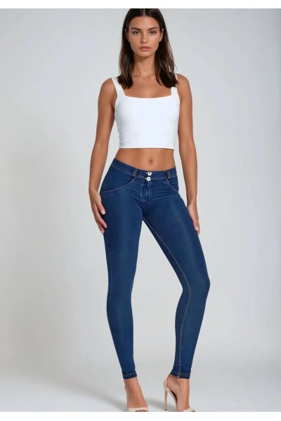 WR.UP®, NORMALAN STRUK, SKINNY, EKO TAMNI DENIM SA ŽUTIM PROŠIVIMA,