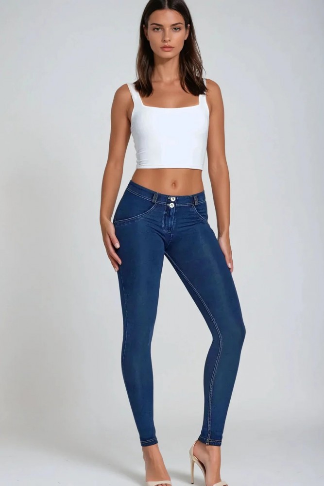 WR.UP ®, NORMALEN PAS, SKINNY, IZ EKOLOŠKE  TKANINE,  TEMEN DENIM Z RUMENIMI ŠIVI