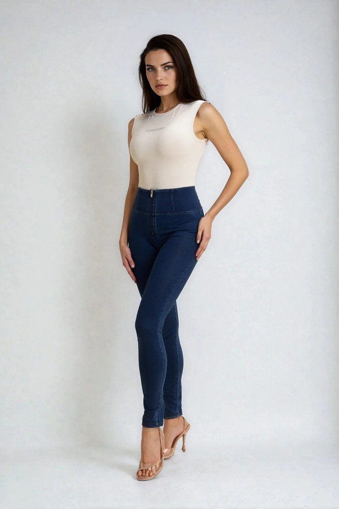 WR.UP® traper, visoki struk, normalna dužina, s patentnim zatvaračem, tamno plave s plavim šavovima